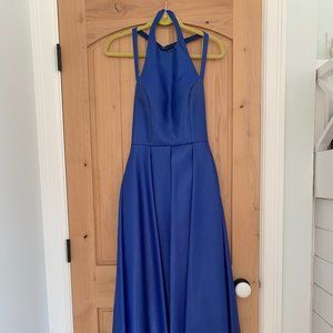 Royal Blue Crepe Halter Neck Prom Dress with Train